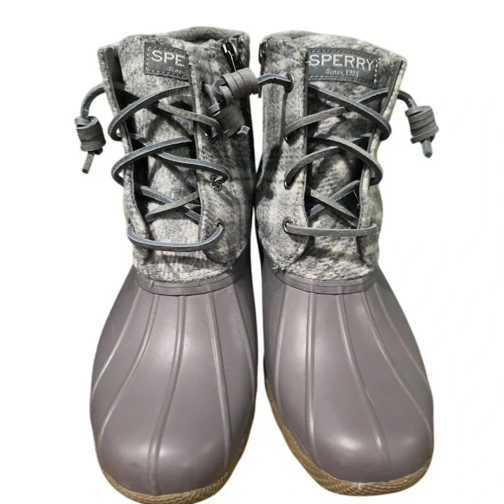 Sperry Saltwater Duck Boots Grey Plaid Wool Blend Waterproof‎ Size 7